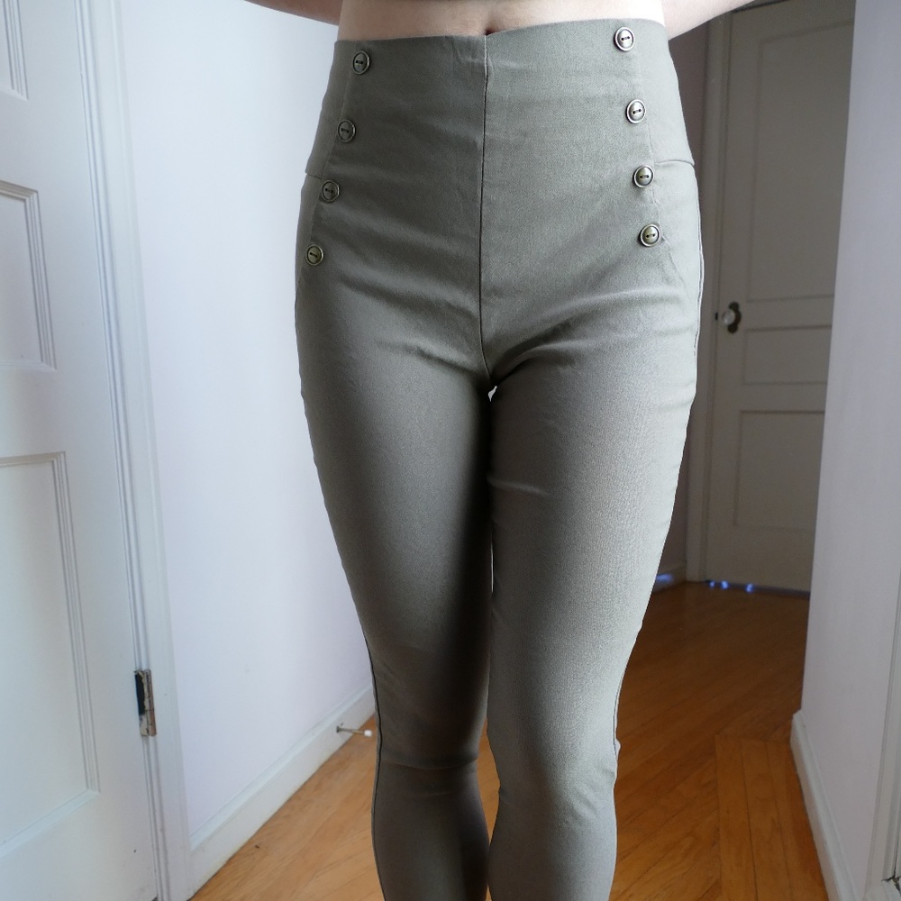 Tan/Olive Green Leggings with Button Detailing